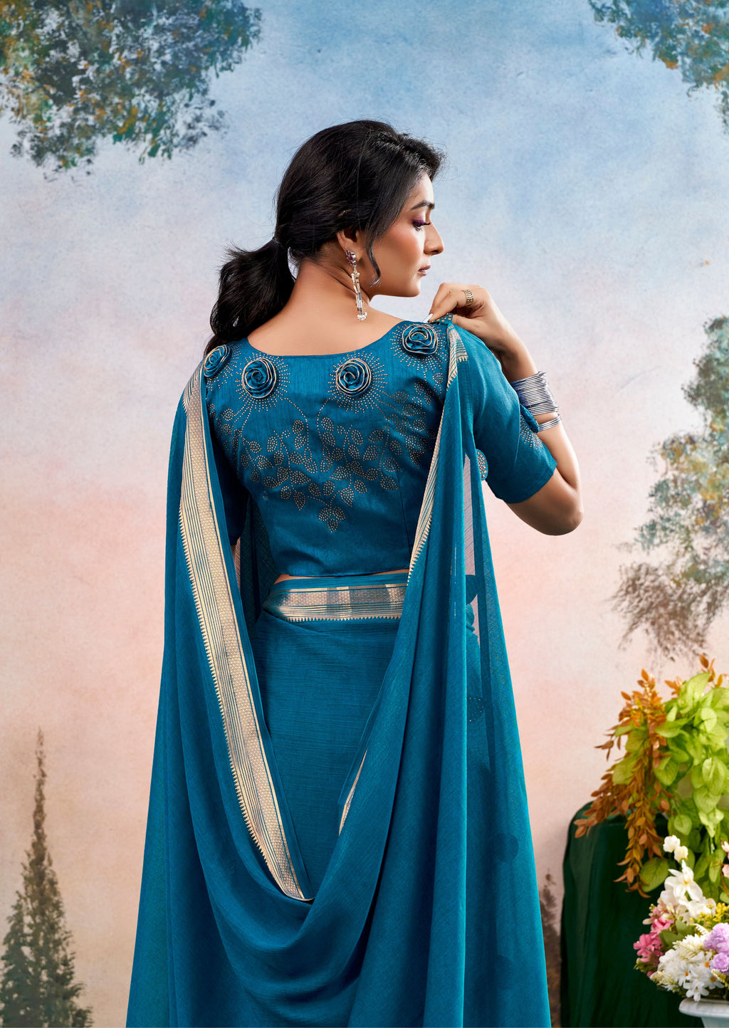 Azzura Blue Chinon Saree with Floral Design | Janki Blue | Pranjal Premium