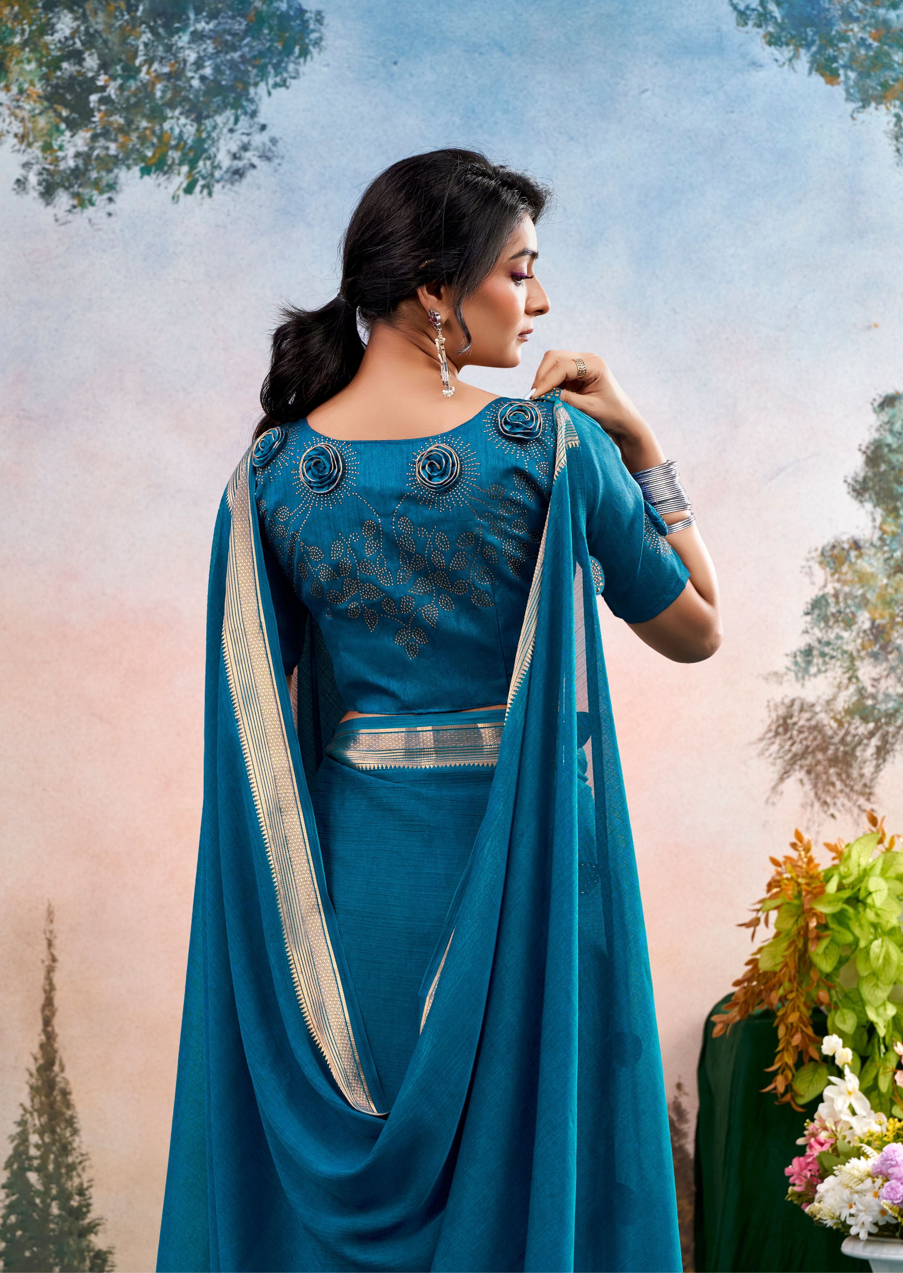 Azzura Blue Chinon Saree with Floral Design | Janki Blue | Pranjal Premium
