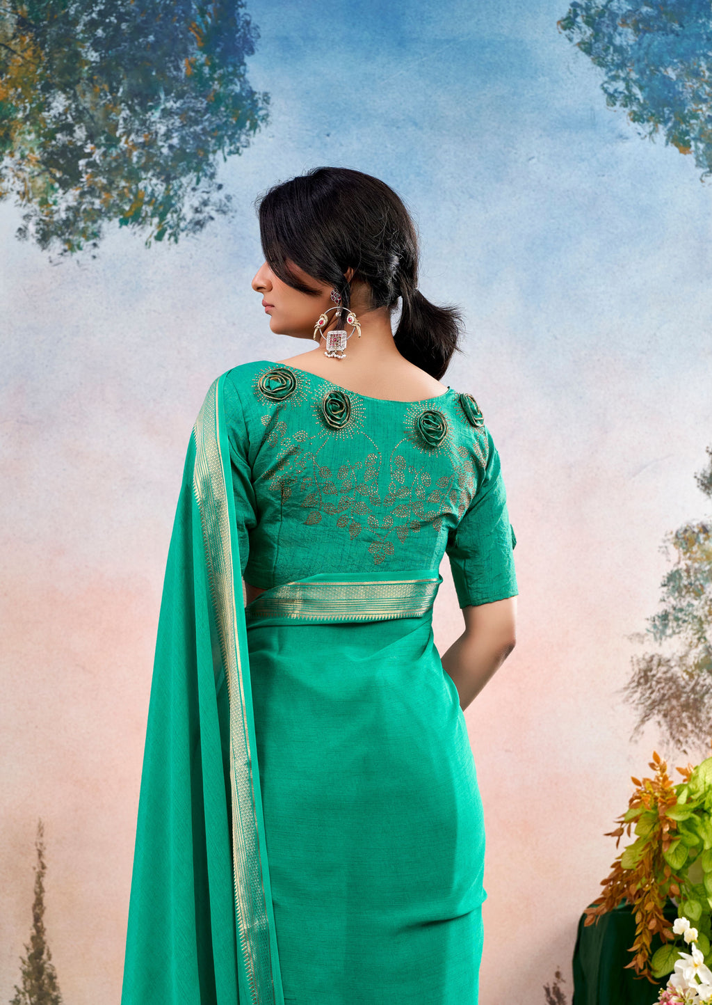 Elvion Light Green Chinon Saree with Floral Design | Janki Blue | Pranjal Premium