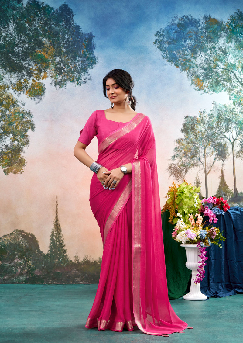 Novera Pink Chinon Saree with Floral Design | Janki Blue | Pranjal Premium