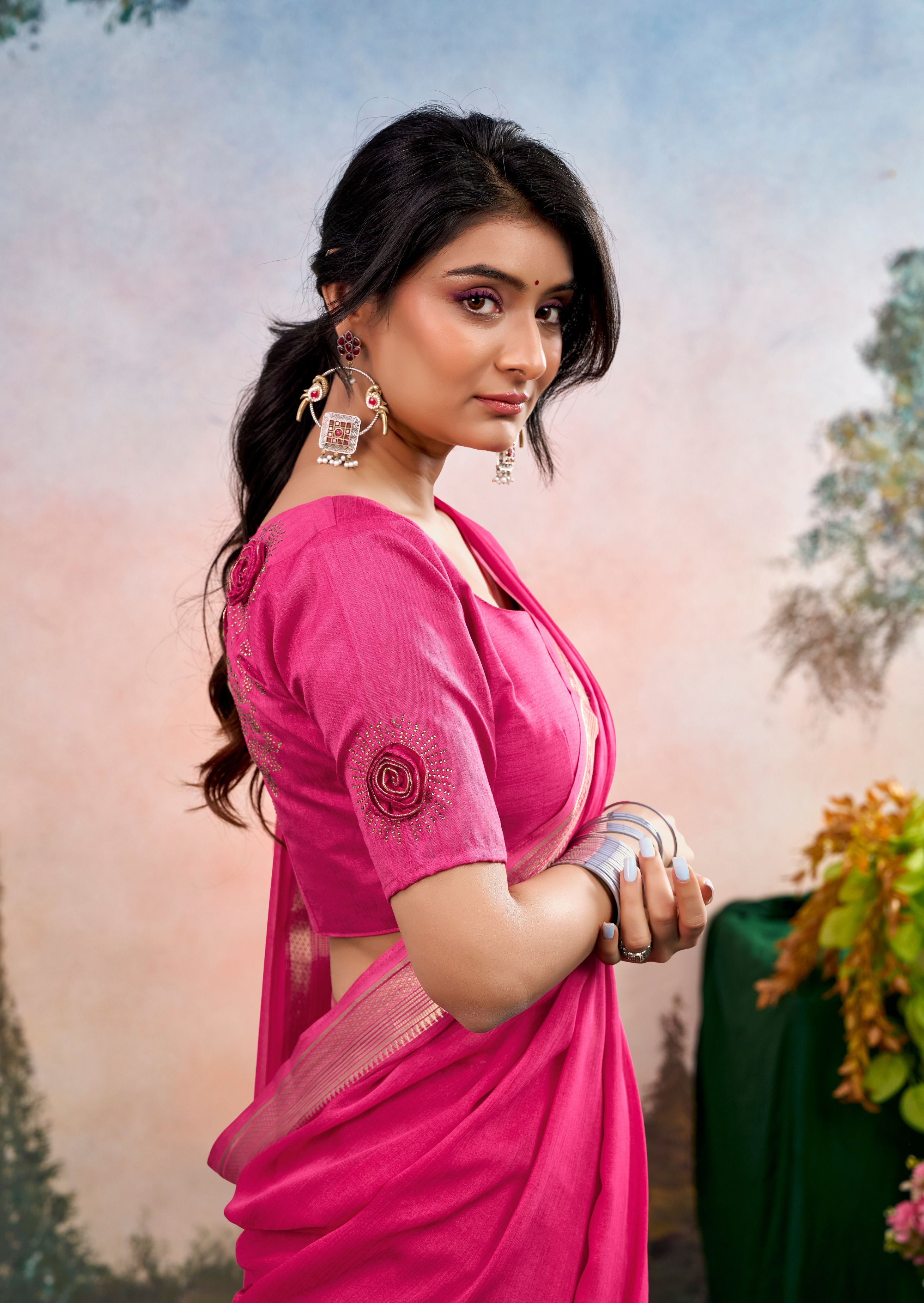 Novera Pink Chinon Saree with Floral Design | Janki Blue | Pranjal Premium