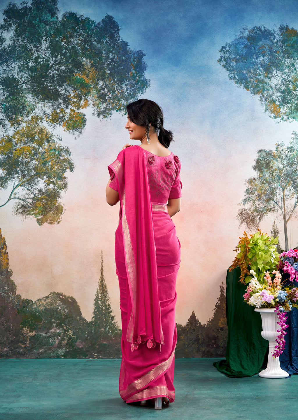 Novera Pink Chinon Saree with Floral Design | Janki Blue | Pranjal Premium