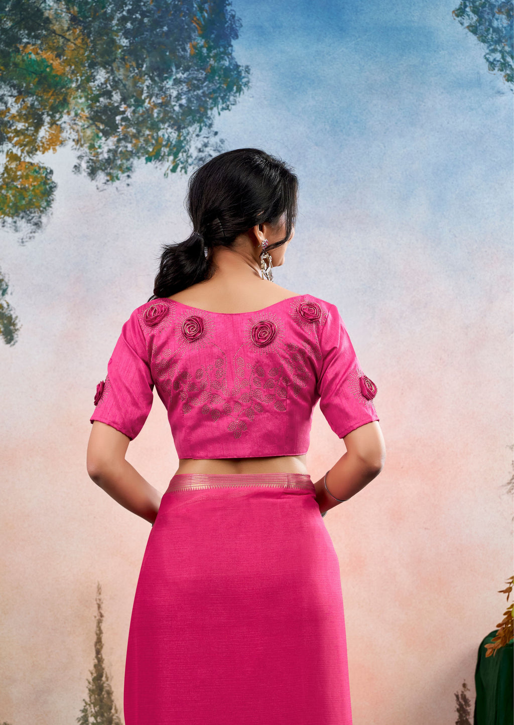 Novera Pink Chinon Saree with Floral Design | Janki Blue | Pranjal Premium