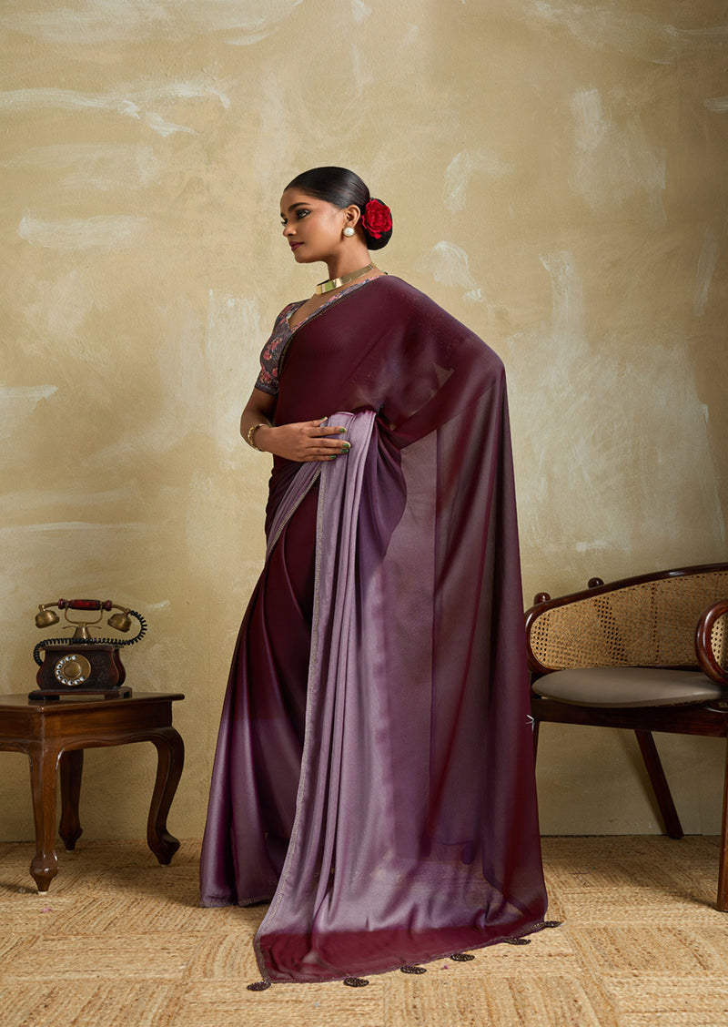 Midnight Velour Wine 3D Velvet Chiffon Saree | Swarovski & Sequence Blouse