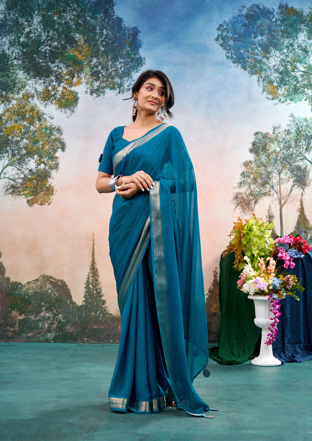 Azzura Blue Chinon Saree with Floral Design | Janki Blue | Pranjal Premium
