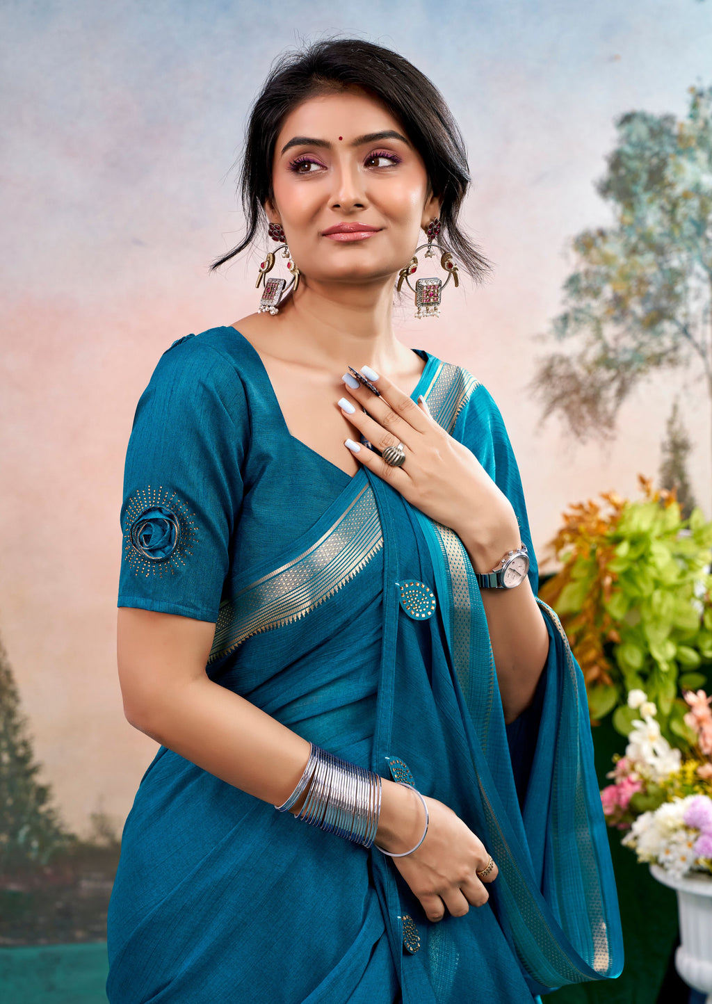 Azzura Blue Chinon Saree with Floral Design | Janki Blue | Pranjal Premium
