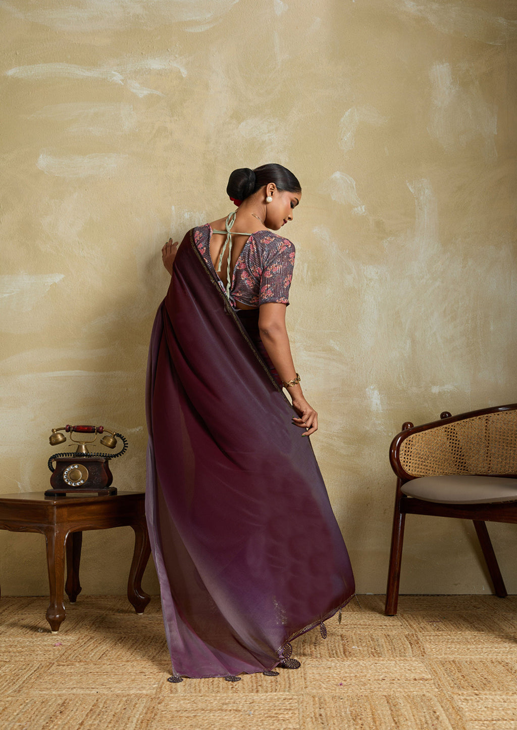 Midnight Velour Wine 3D Velvet Chiffon Saree | Swarovski & Sequence Blouse