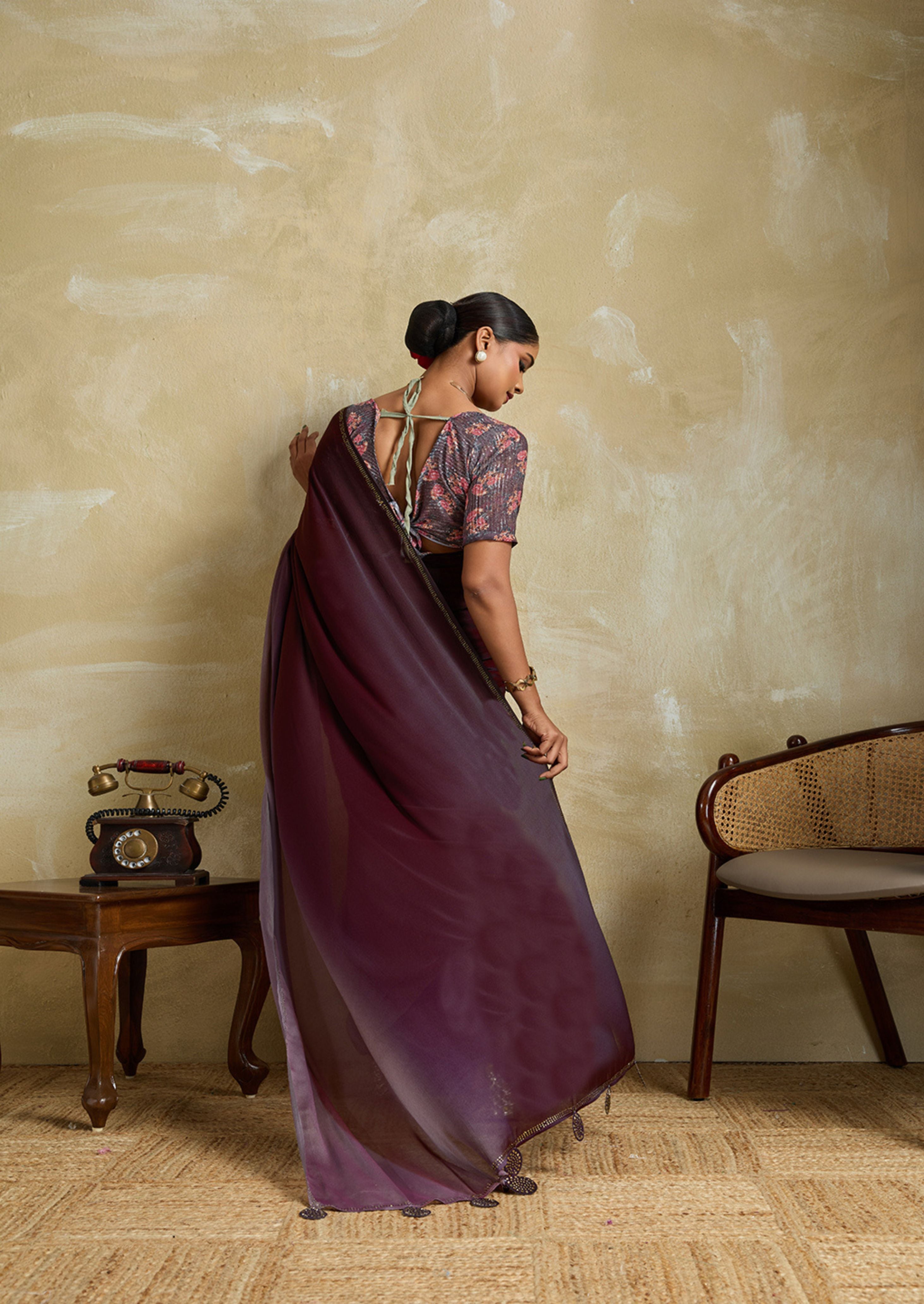 Midnight Velour Wine 3D Velvet Chiffon Saree | Swarovski & Sequence Blouse