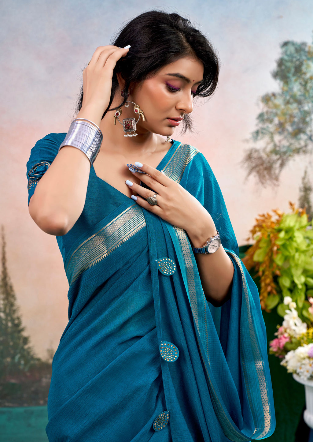 Azzura Blue Chinon Saree with Floral Design | Janki Blue | Pranjal Premium