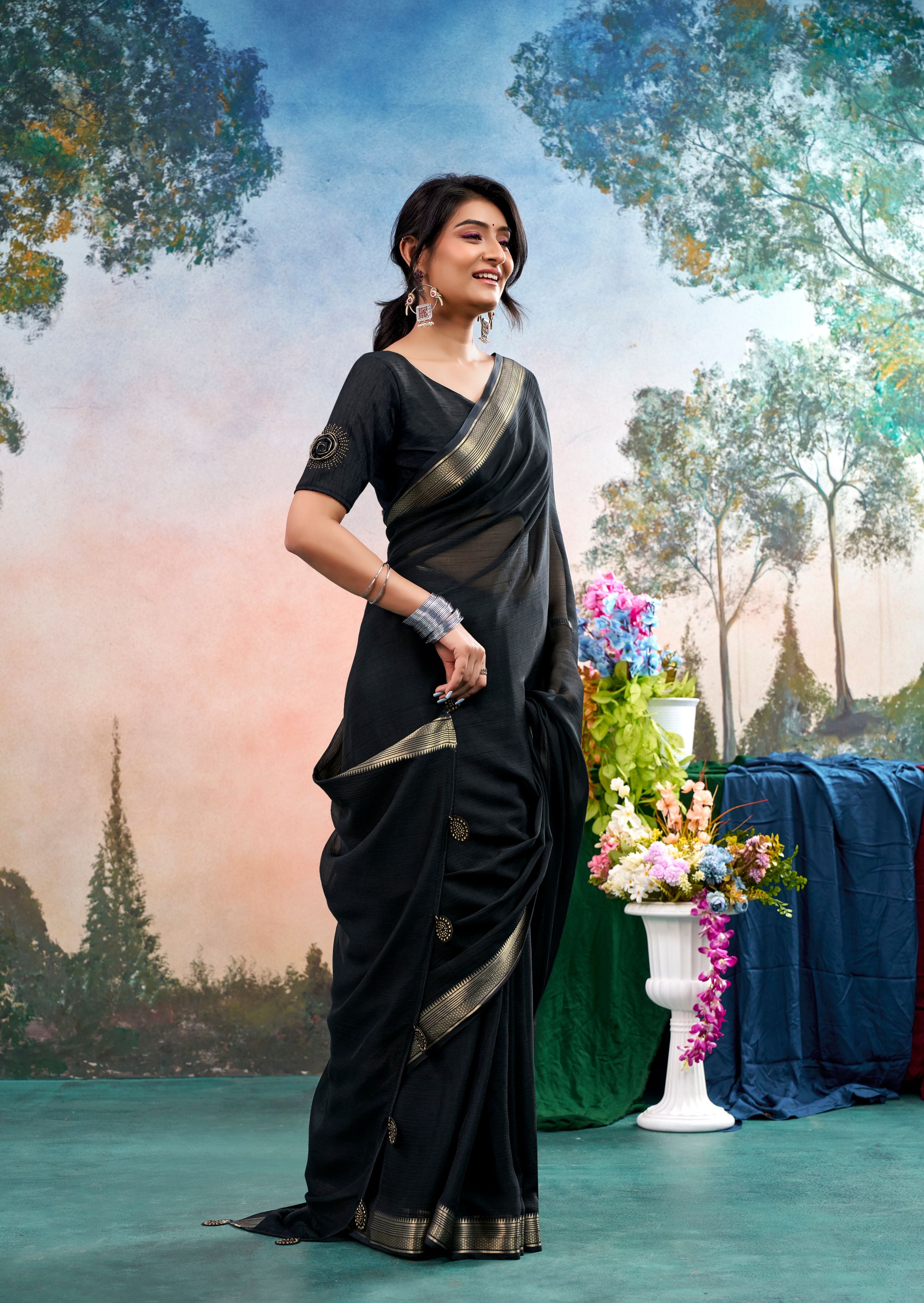 Veyra Black Chinon Saree with Floral Design | Janki Blue | Pranjal Premium