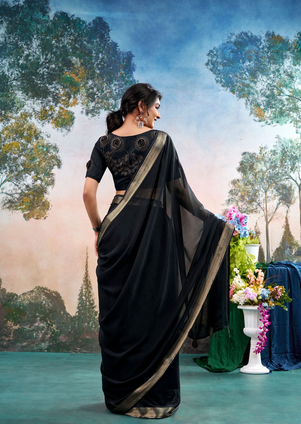 Veyra Black Chinon Saree with Floral Design | Janki Blue | Pranjal Premium