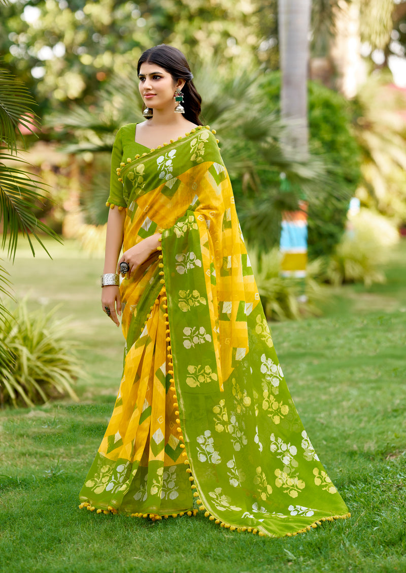 Tara Green Mul Mul Cotton Saree | Ikkat Border & Pom Pom Accents