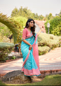 Tara Turquoise & Pink Mul Mul Cotton Saree with All-Over Ikkat Border; Pom Pom Accents | Pumpum H11 | Pranjal Premium