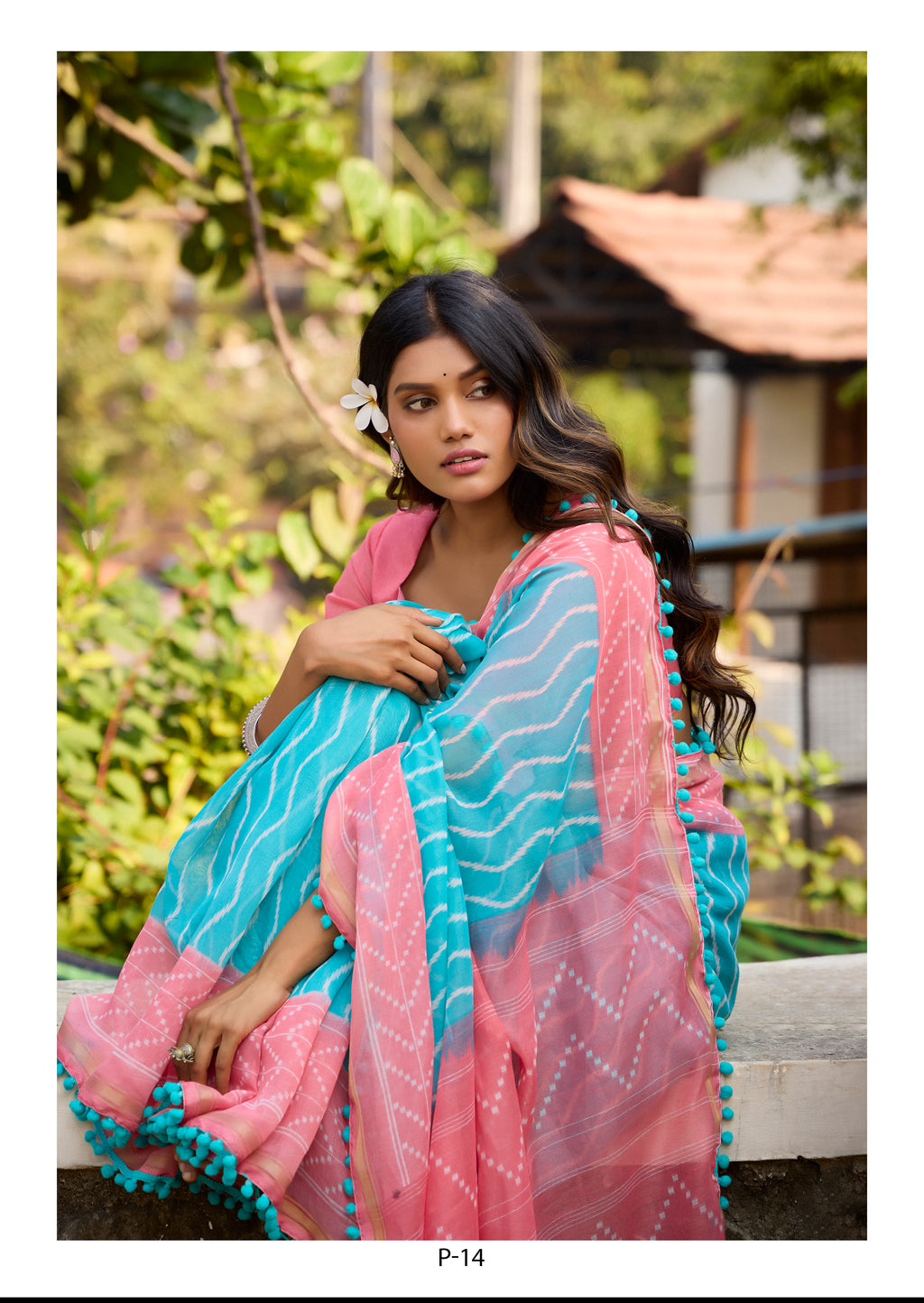 Tara Turquoise & Pink Mul Mul Cotton Saree with All-Over Ikkat Border; Pom Pom Accents | Pumpum H11 | Pranjal Premium