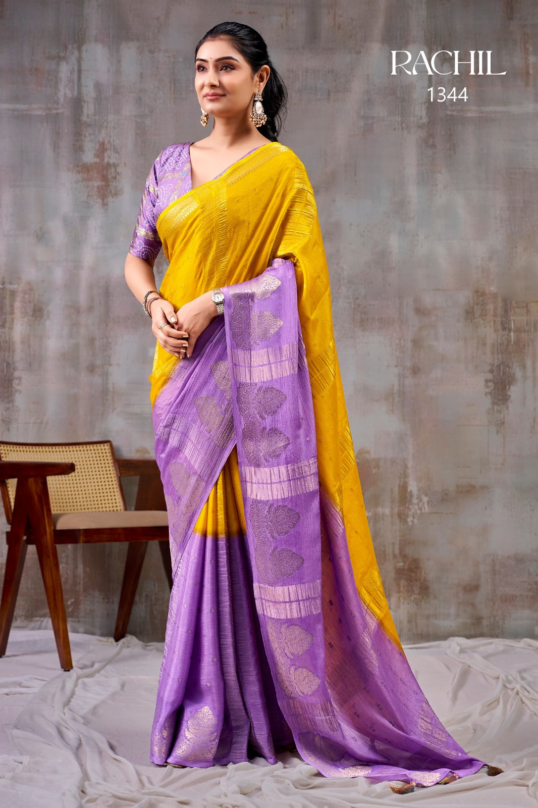 Regal Mustard & Lavender Chinon Saree with Jaribooti Embroidery | Rachil 1344 | Pranjal Premium