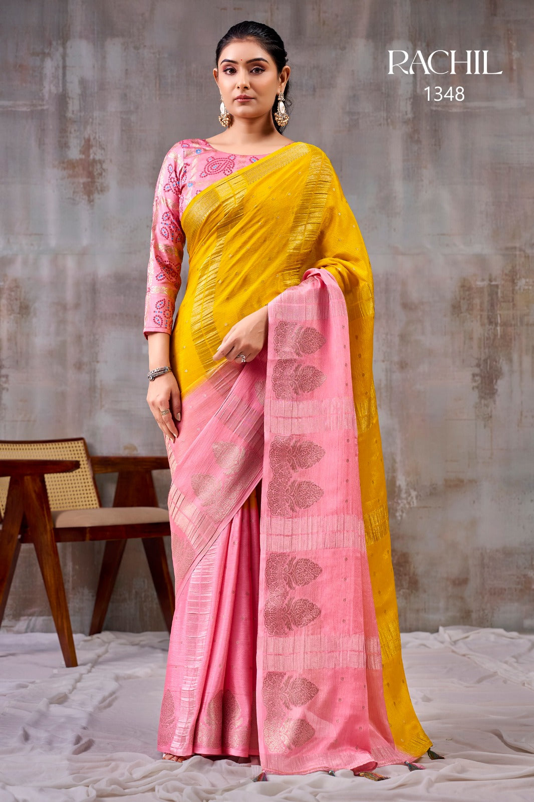 Seraya Yellow & Pink Chinon Saree with Jaribooti Embroidery | Rachil 1348 | Pranjal Premium