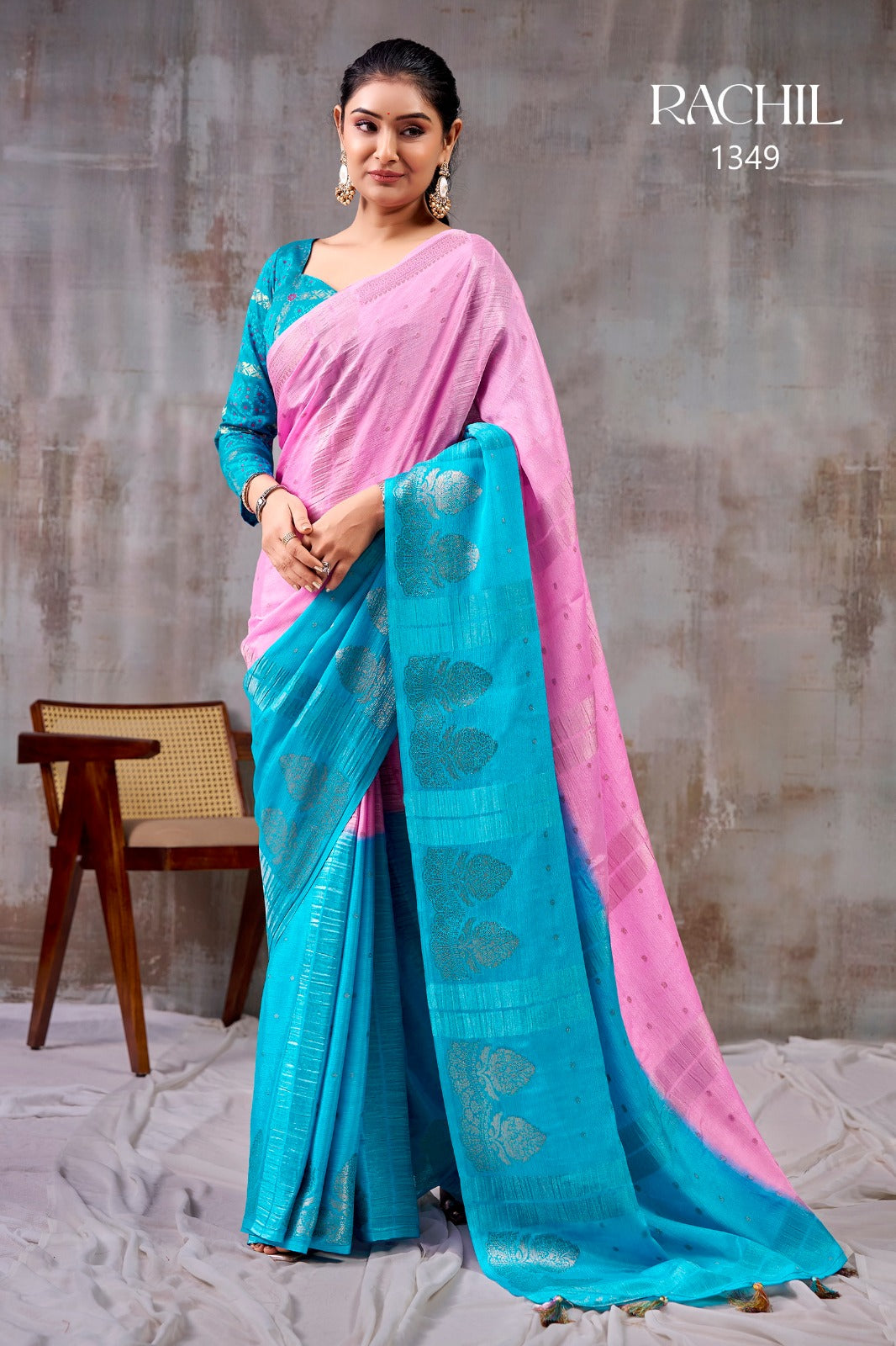 Velora Pink & Teal Chinon Saree with Jaribooti Embroidery| Rachil 1349 | Pranjal Premium