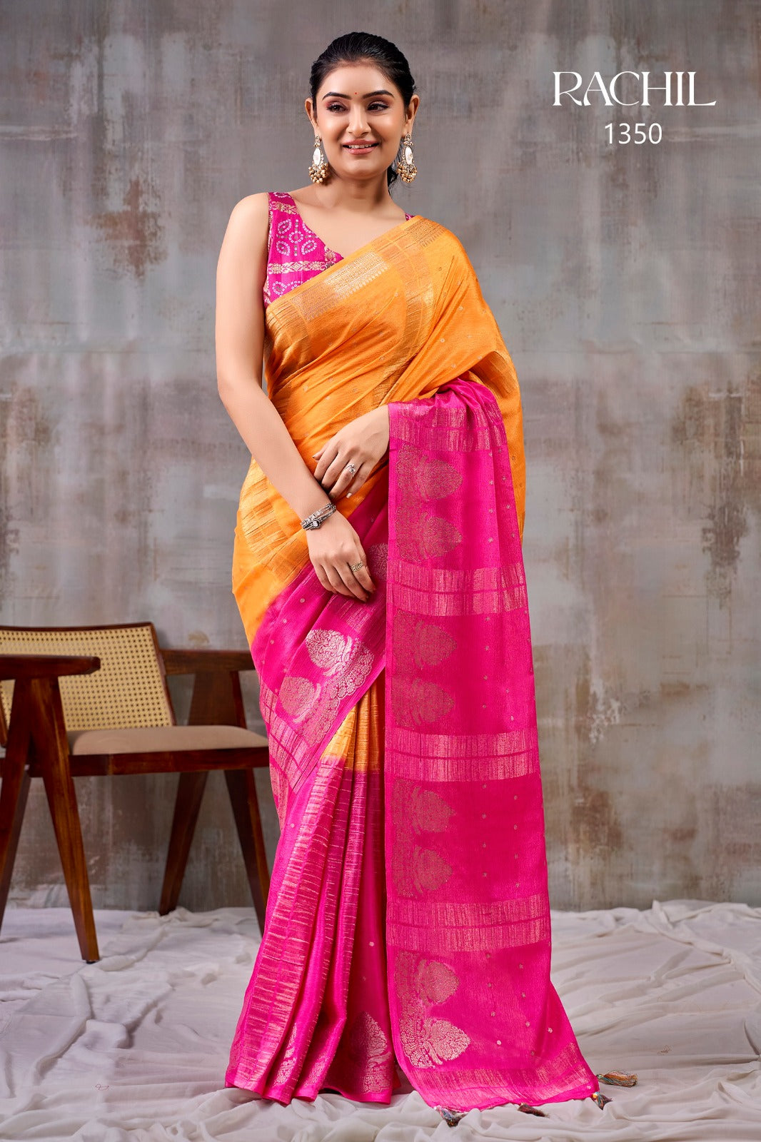 Zyra Orange & Rani Pink Chinon Saree with Jaribooti Embroidery| Rachil 1350 | Pranjal Premium