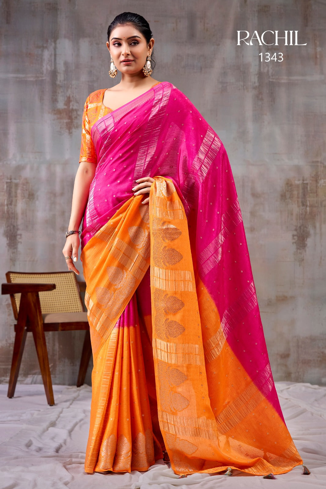 Royal Rani Pink Kesar Chinon Saree with Elegant Zari Butti | Rachil 1343 | Pranjal Premium