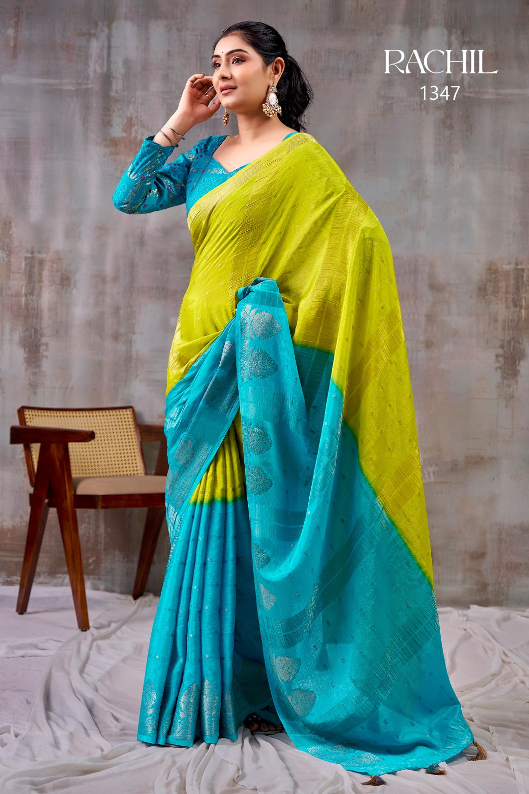 Mehera Parrot Green & Turquoise Chinon Saree with Elegant Zari Butti | Rachil 1347 | Pranjal Premium
